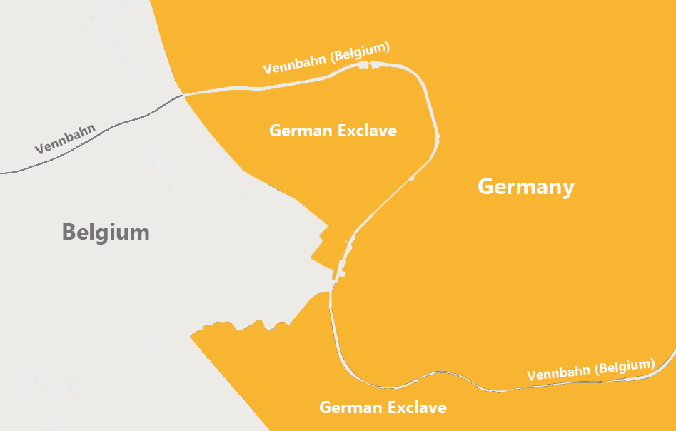 Peta Jalur Vennbahn yang menjadi teritori Belgia dan membuat 5 teritori Jerman menjadi wilayah exclave