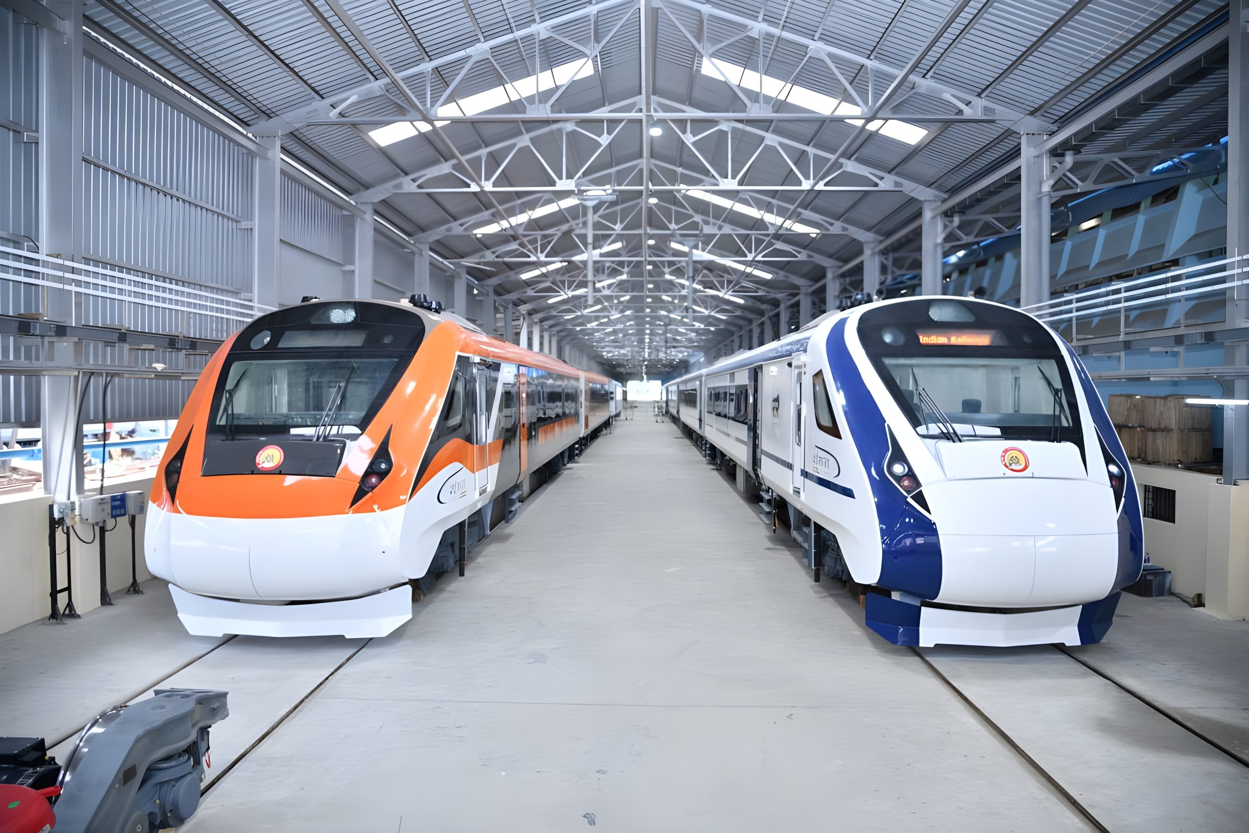Dua rangkaian Vande Bharat Express dengan livery baru dan lama di dalam pabrik ICF Chennai