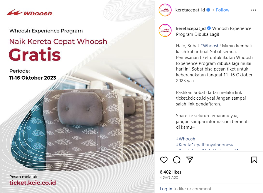 Pengumuman periode ujicoba gratis (Whoosh Experience Program) di halaman Instagram Kereta Cepat